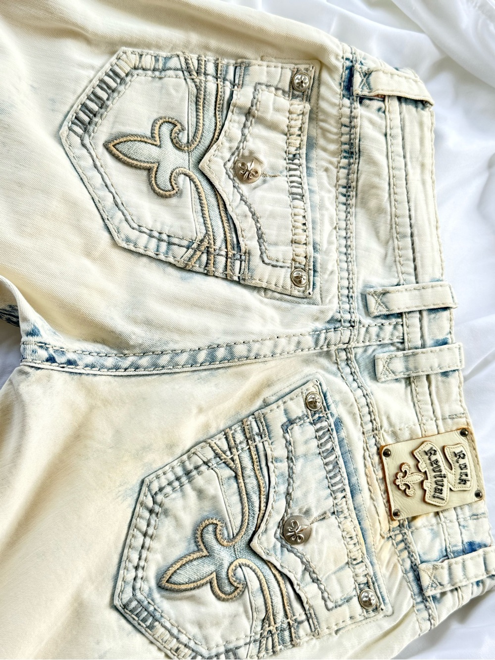 Rock Revival Bleached Tie-Dye Denim Jeans with Embroidered Waist Trim